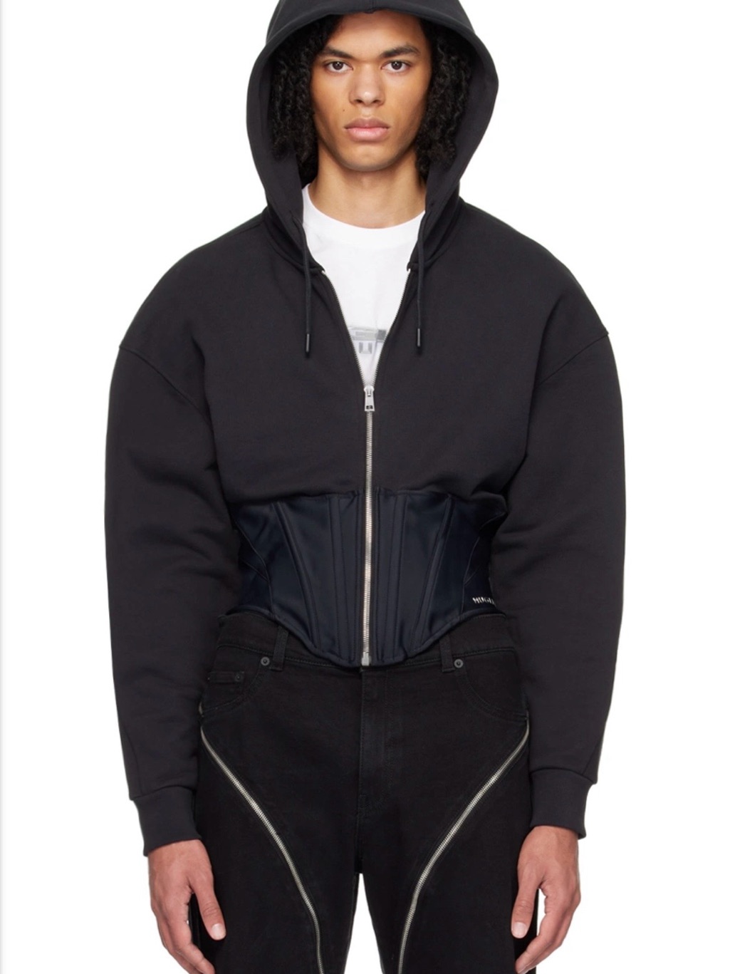 Mugler Corset Black Hooded Zip-Up Sweatshirt